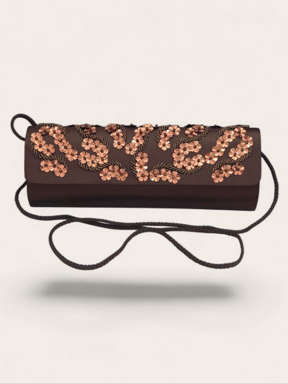 Elegant Brown Evening Clutch with Rose Gold Floral Embellishments